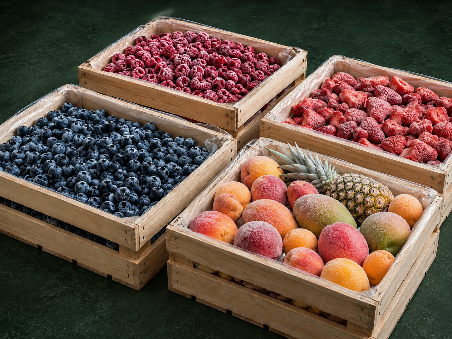 Crates of frozen fruit and berries prepared for international trade