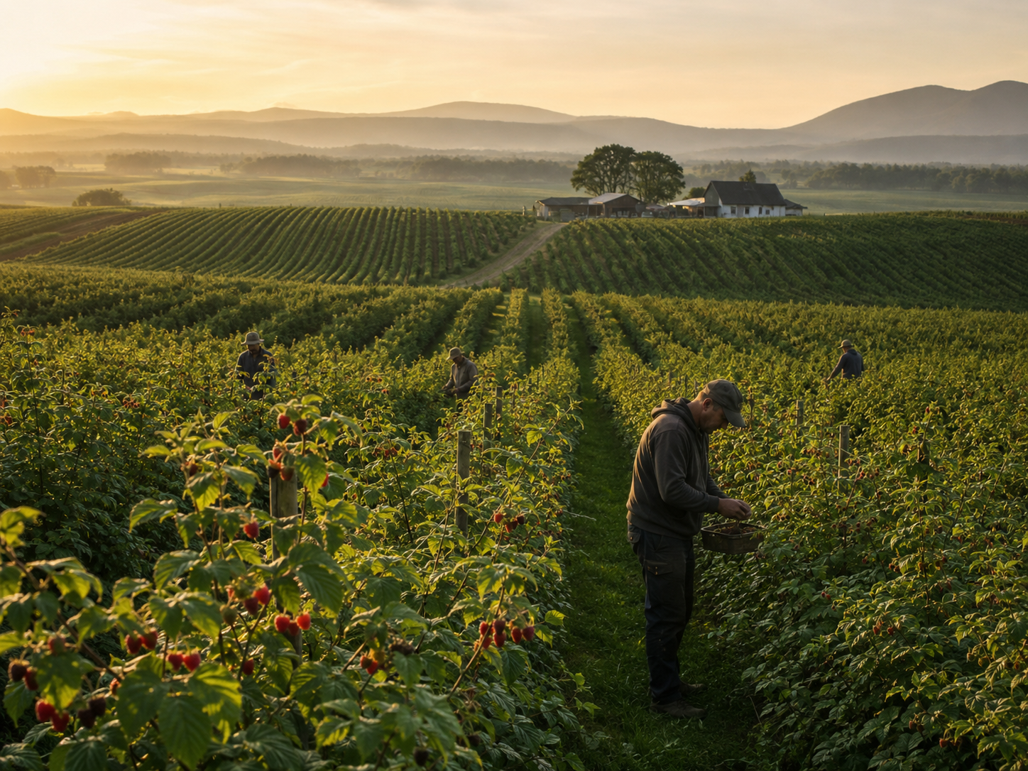 Fields at sunrise where berries are grown for freezing and export