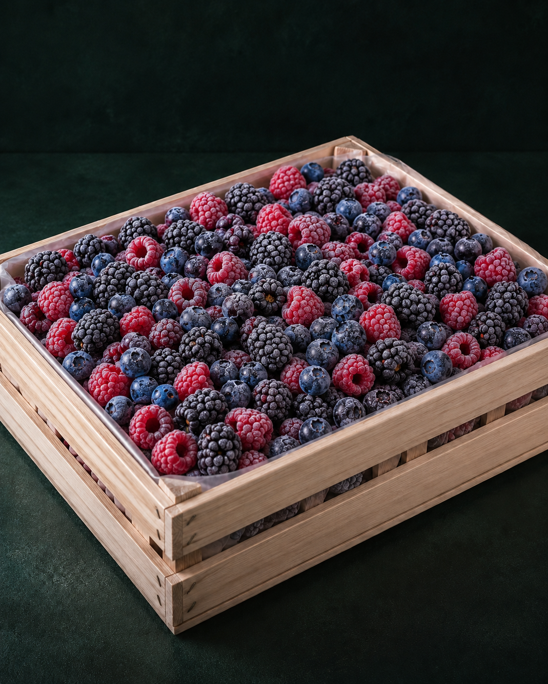 Mixed frozen berries in a wooden crate