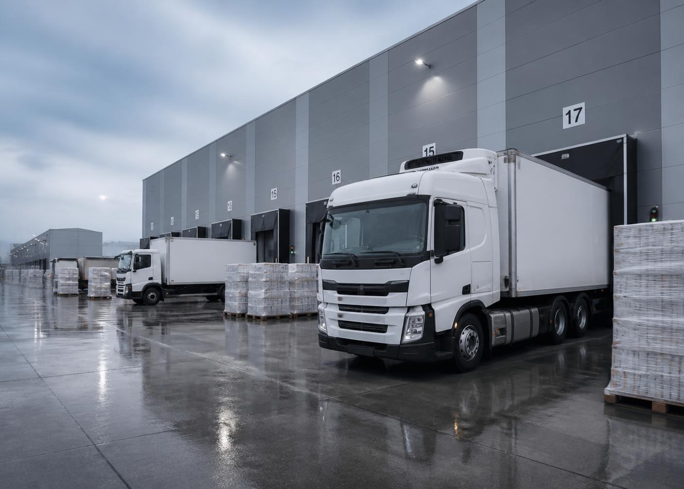 Refrigerated trucks loading pallets at a logistics distribution hub